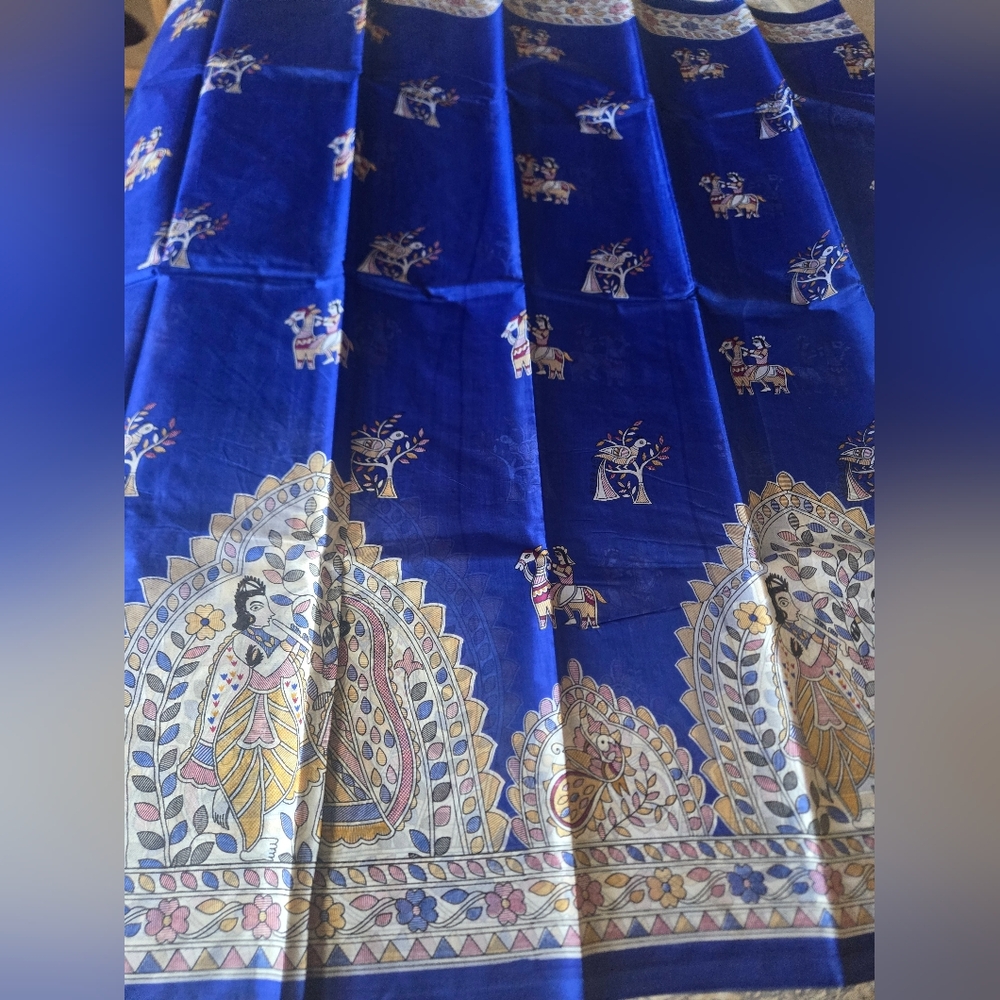 Beautiful Royal Blue Madhubani Block Print Pure Murshidabad Silk Sari